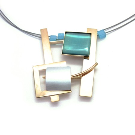 Shiny Two-tone Bright Blue Square Wire Necklace - Click Image to Close